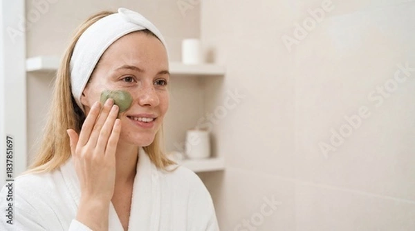 Fototapeta Smiling young woman in a white bathrobe applying a green clay mask to her face for a skincare beauty routine in a bright bathroom