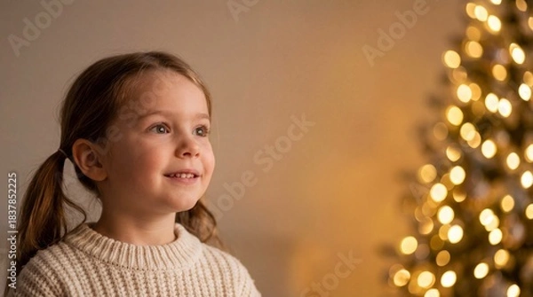Fototapeta Portrait of an adorable smiling little girl with pigtails looking at a decorated Christmas tree with warm festive bokeh lights.