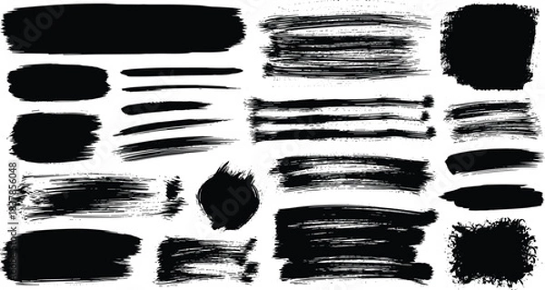 Fototapeta Collection of black paint brush strokes and textures on white background
