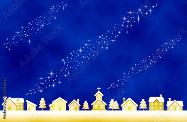 Obraz 星がきらめく青い夜空とクリスマスの街並みシルエット