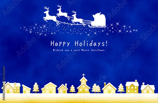 Obraz 青い夜空に舞うサンタクロースのソリと冬の村の幻想的背景