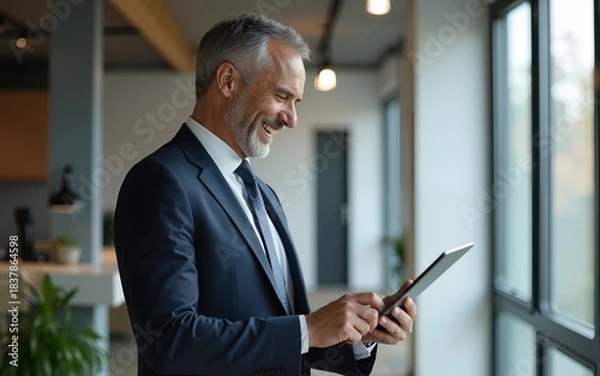 Obraz Happy middle aged business man ceo wearing suit standing in office using digital tablet. Smiling mature businessman professional executive manager looking away thinking working on tech device.