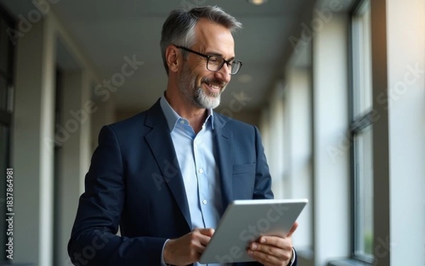 Obraz Happy middle aged business man ceo wearing suit standing in office using digital tablet. Smiling mature businessman professional executive manager looking away thinking working - generative ai