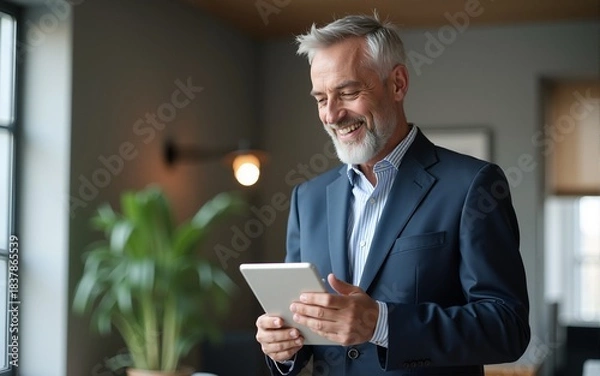 Obraz Happy middle aged business man ceo wearing suit standing in office using digital tablet. Smiling mature businessman professional executive manager looking away thinking working on tech device.