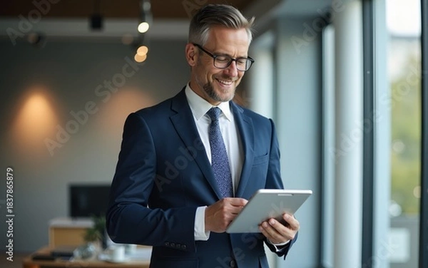 Obraz Happy middle aged business man ceo wearing suit standing in office using digital tablet. High quality