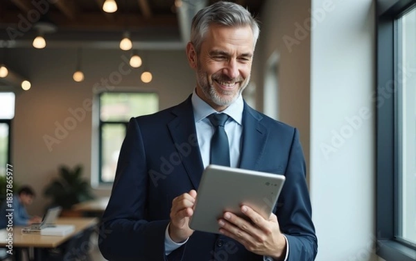Obraz Happy middle aged business man ceo wearing suit standing in office using digital tablet. High quality