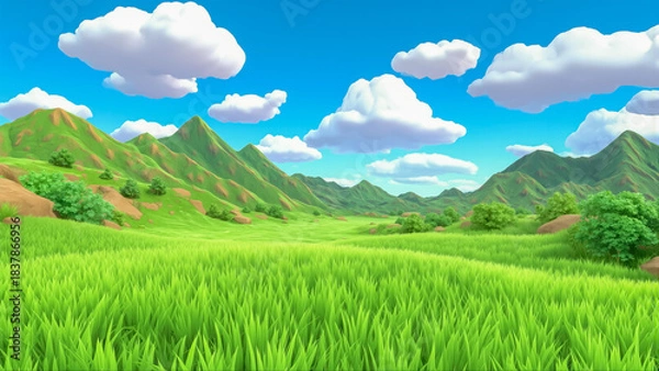 Obraz 青空と緑の草原が広がる3Dゲームのようなファンタジー風景のイラスト