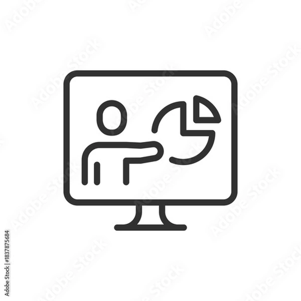 Fototapeta Online presentation on monitor, linear icon. Virtual conference and remote meeting. Line with editable stroke.