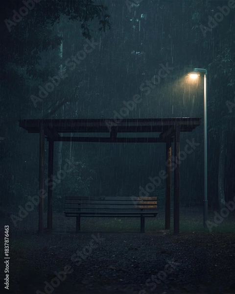 Obraz rainy night, bus stop, night scene, rainy weather, atmospheric scene, urban environment, city at night, wet pavement, reflections, street lights, public transportation, urban street, moody atmosphere,