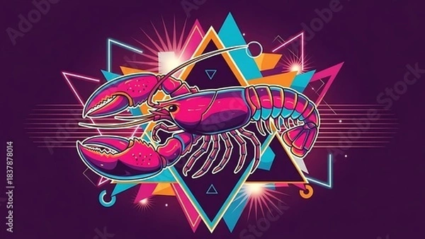 Obraz Vibrant neon lobster illustration with futuristic geometric shapes and retro synthwave background design