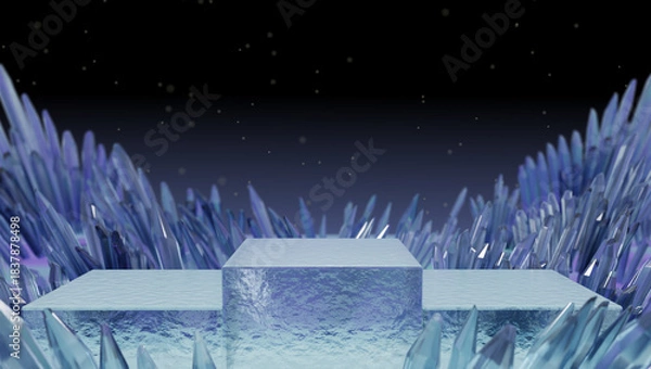 Fototapeta Crystal Ice Block Podium Platform At Night Under Starry Sky Background
