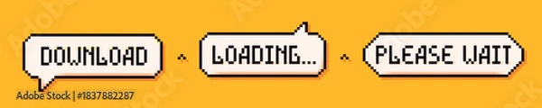 Fototapeta Pixel art 3 speech bubbles: download, loading and please wait words on yellow background.