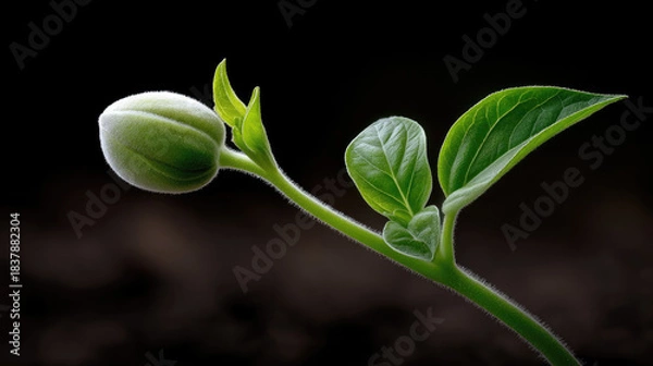 Fototapeta Green bud germinating with fresh leaves, vibrant growth and hope, isolated on dark background, symbolizing new beginnings