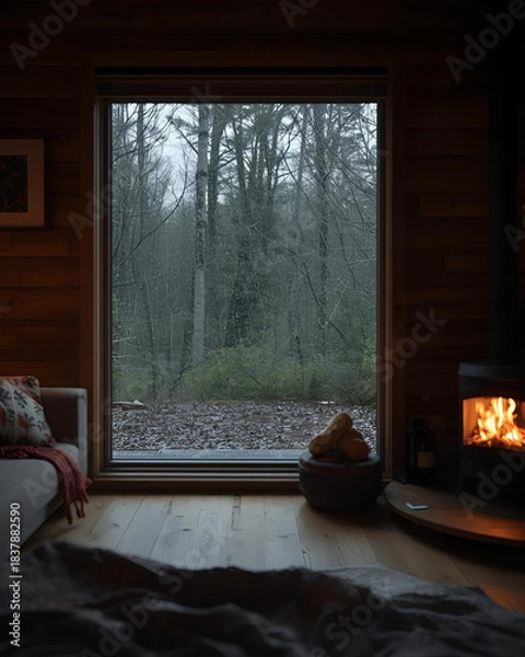 Obraz cabin, bay window, large window, forest view, nature view, secluded setting, cozy interior, rustic cabin, wooden cabin, scenic view, natural light, cabin retreat, tranquil space, interior design, 