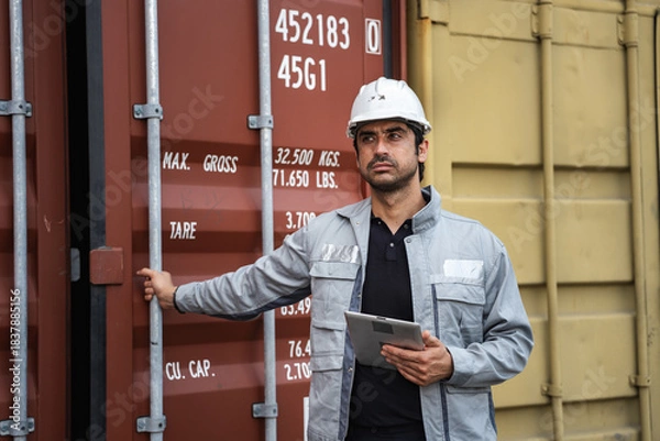 Obraz Man logistics workers use tablet computer with container background	