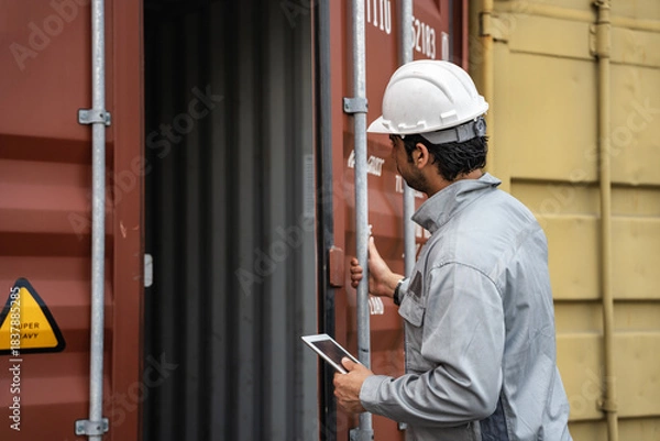 Obraz Man logistics workers use tablet computer with container background	