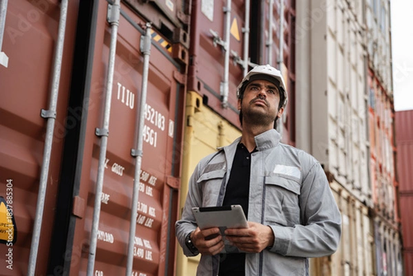 Obraz Man logistics workers use tablet computer with container background	