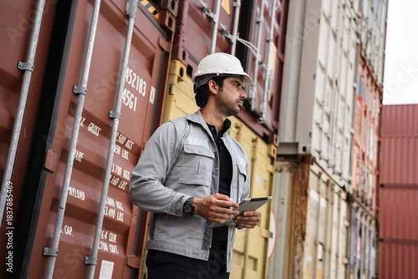 Obraz Man logistics workers use tablet computer with container background	
