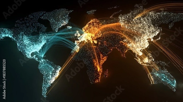 Fototapeta Missing supply chain network lines on a world map represent global logistics problems.
