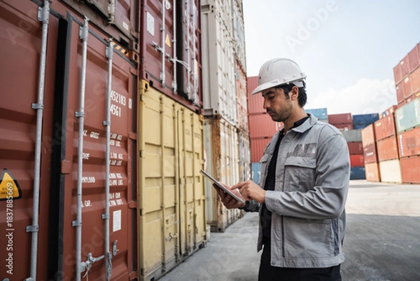 Obraz Man logistics workers use tablet computer with container background	