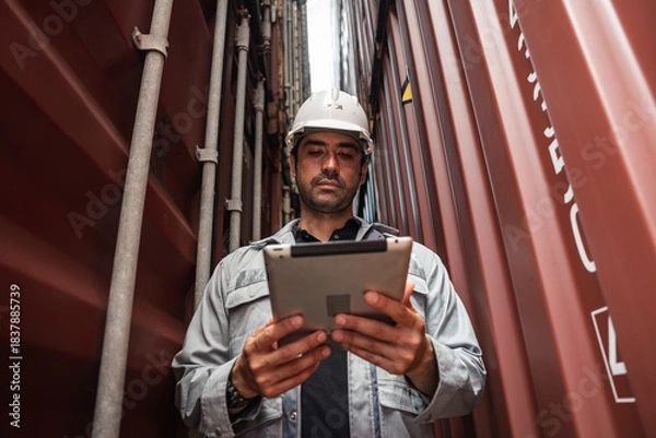 Obraz Man logistics workers use tablet computer with container background	