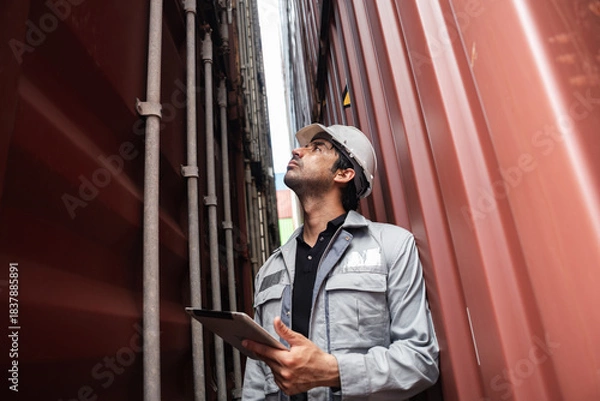 Obraz Man logistics workers use tablet computer with container background	