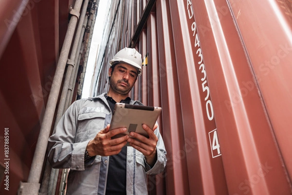 Obraz Man logistics workers use tablet computer with container background	