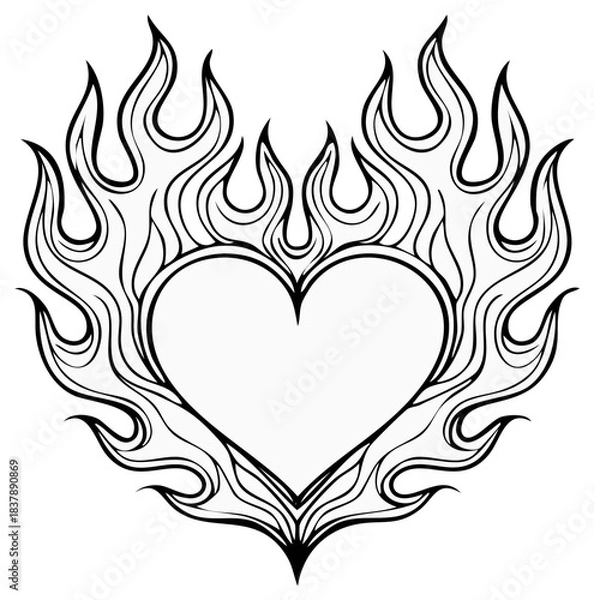 Fototapeta Burning Heart Illustration with Flame Motif in Black and White Outline Style
