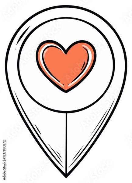 Fototapeta Hand-drawn location pin icon with a vibrant heart inside, symbolizing favorite places and love for travel