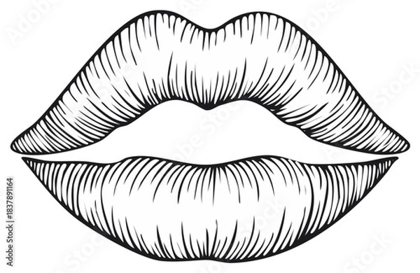 Fototapeta Stylized hand drawn lips with vintage engraving lines capturing beauty and sensuality abstract illustration