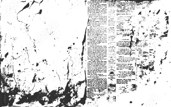 Fototapeta Old newspaper grunge overlay texture with worn distressed print, dust particles and vintage retro background layer.