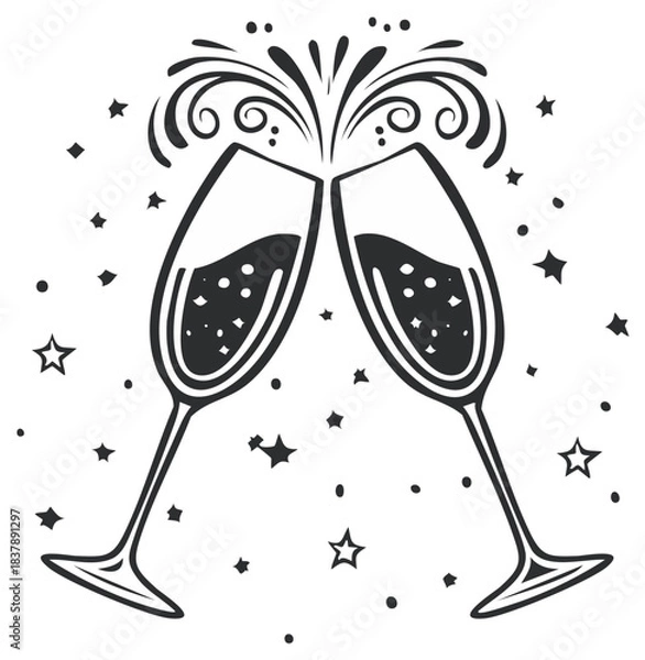 Obraz Sparkling Celebration: Two Toasting Champagne Flutes with Celebration Stars and Swirls