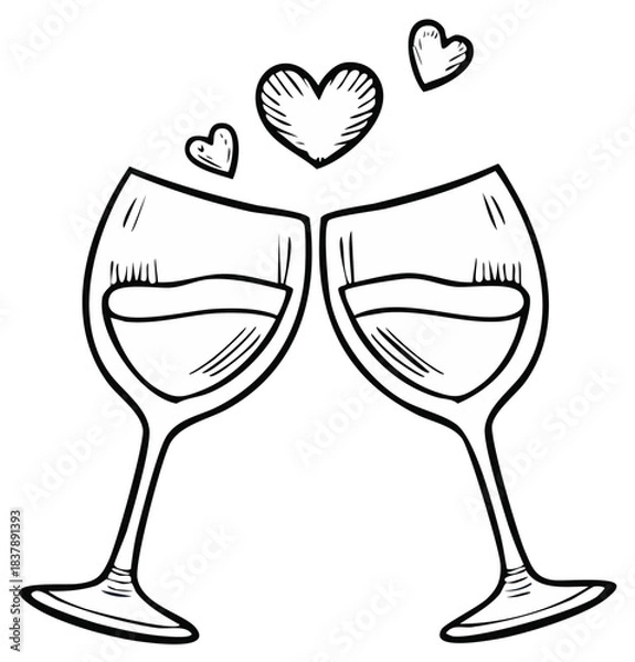 Fototapeta Romantic cheers with two wine glasses and floating hearts artistic sketch drawing