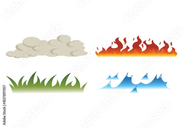 Fototapeta Isolated cartoon illustration of four natural elements of grass, cloud, water waves, and fire for image templates, comics, advertisements, and others related to nature.
