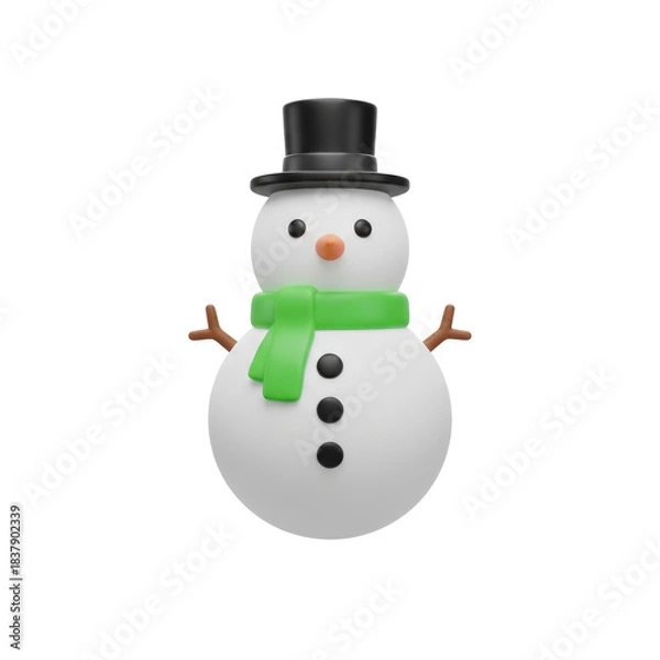 Obraz 3D icon of a snowman figure wearing a green scarf and top hat, 3D plastic texture, transparent background