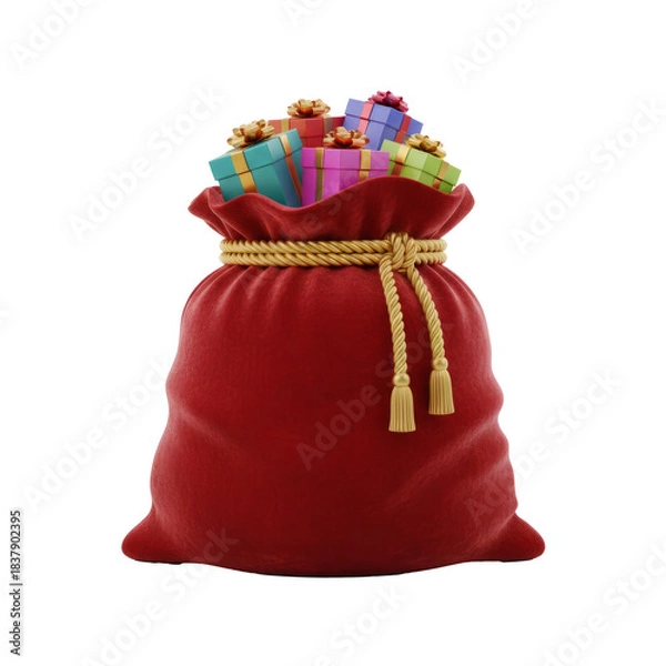 Obraz 3D icon of Santa’s gift sack made of red fabric with gold rope