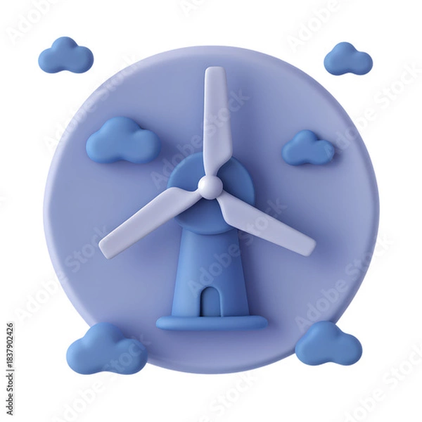 Obraz 3D-style icon of a windmill with cloud background representing Belgium, light gray tone, soft detail