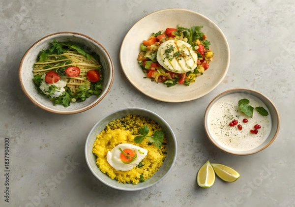 Fototapeta A Culinary Quartet: Four distinct bowls of food, each with its unique flavor profile, are artfully arranged, creating a visual symphony of culinary delight.