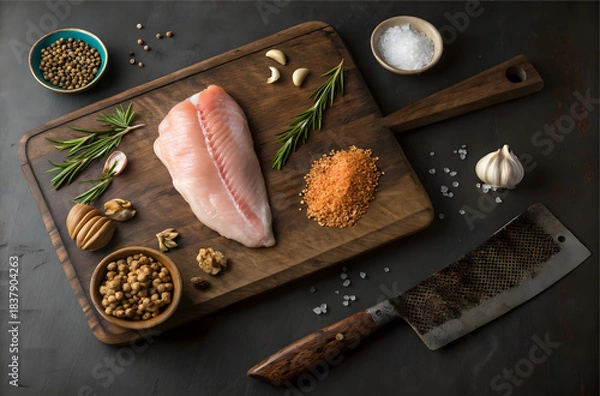 Fototapeta Culinary Palette: A meticulously arranged scene featuring a fresh fish fillet on a wooden cutting board, surrounded by a culinary array of seasonings, herbs, and a cleaver.