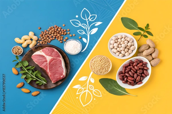 Fototapeta Nutritious Food Collection: A visually appealing composition of a split image with a selection of vital food ingredients displayed.