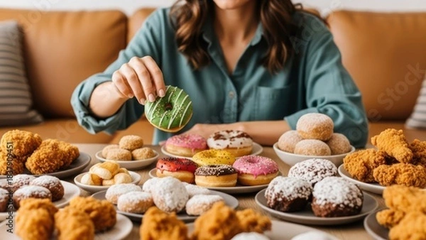 Obraz Woman holds green donut over table laden with pastries and fried chicken
