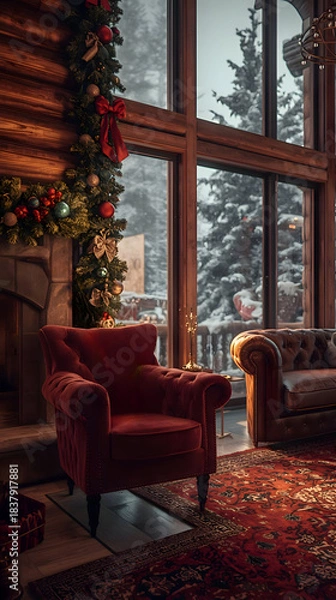 Fototapeta Warm inviting living room decorated for Christmas, offering peaceful view of snowy winter landscape outside large windows. comfortable red armchair, patterned rug, and festive garlands with bows