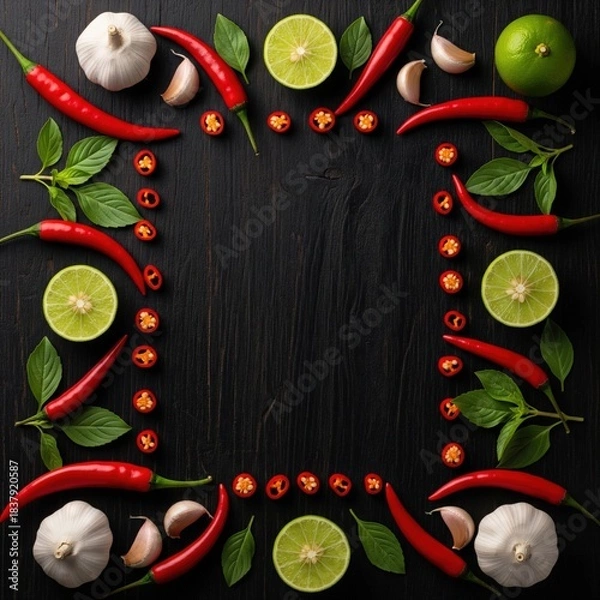 Obraz Fresh red chili peppers and green lime slices frame on dark black wood background with garlic cloves and basil leaves top view flat lay concept for spicy asian food menu design copy space