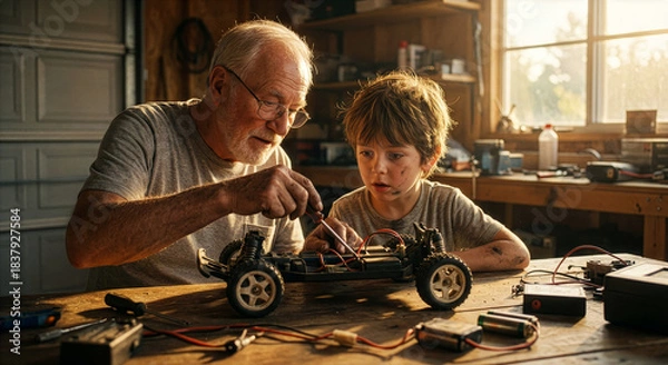 Obraz grandfather and his grandson are repairing a radio-controlled car.