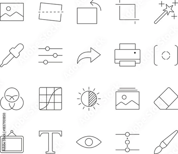 Fototapeta Photography and Photo Editing Line Icons Set — Tools, Adjustments, Filters, Retouching, Minimal Outline Vector