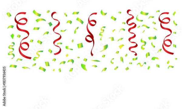 Obraz Festive red streamers and green confetti falling down against a white background for celebration