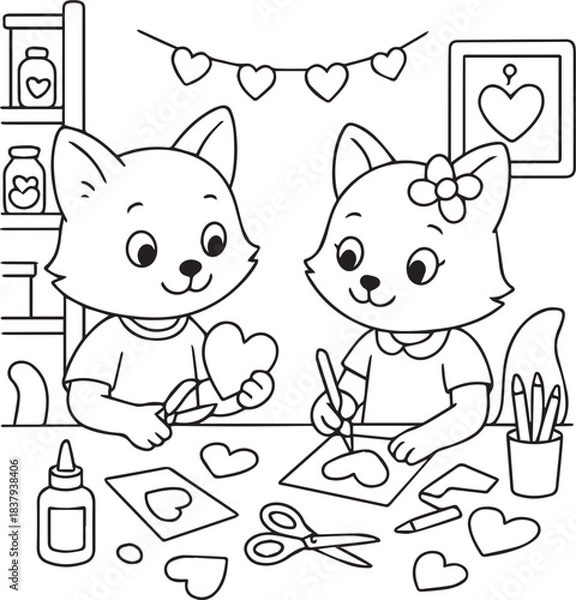 Fototapeta Cute hand-drawn doodle vector coloring page of two kittens, a boy and a girl, crafting Valentine cards at a table with art tools and materials. Perfect for kids, holiday designs, love themes and DIY a