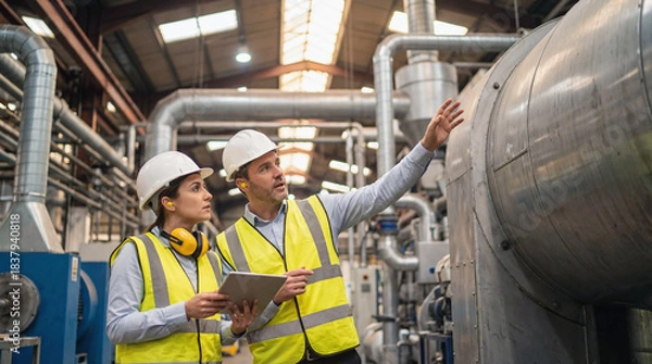 Fototapeta Factory workers in yellow safety vests and white hardhats inspecting industrial plant. Two engineers pointing and discussing at manufacturing facility. Professional teamwork in production environment
