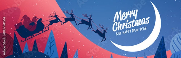 Obraz Santa sleigh reindeer Christmas night sky crescent moon snowy forest silhouette red blue background landscape festive holiday