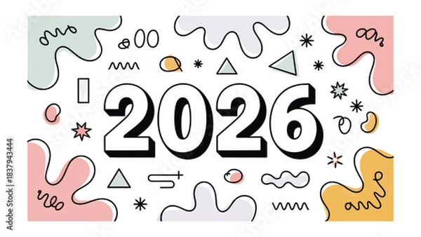 Fototapeta 2026 Typography: A vibrant and playful graphic design featuring the number 2026, set against a backdrop of colorful, abstract shapes and elements.